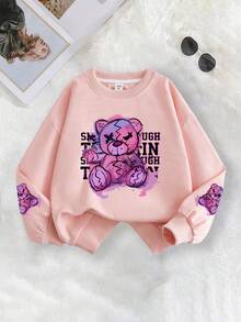 青少年女孩两件套服装，适合少女，设计时尚独特：粉色圆领运动衫，袖子上印有可爱的小熊图案，搭配休闲的松紧腰喇叭裤，饰有字母图案。 - 粉色 - 查看 4