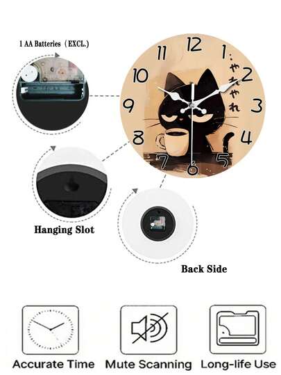 1Pc 10/12Inch Japanese Schattige Zwart Cat Large Wooden Wand Klok Battery Powered, Circular Silent Lazy Clock, ating Aesthetic Rooms, Living Bedrooms, Homes, Kitchens, Coffee Shops, Ideal Holiday (No Battery) view 5