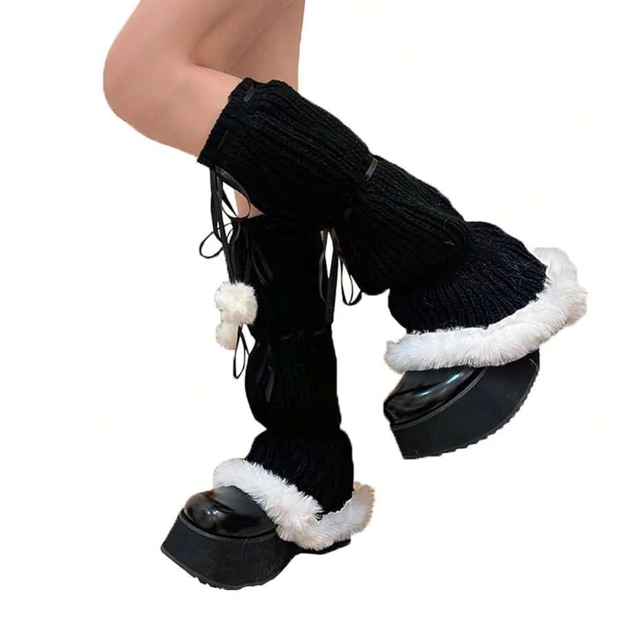 SherryDC Womens Y2k Knit Leg Warmers Harajuku Japanese Long Boot Socks Kawaii Lolita Winter Leg Cover{"Color_name":"890-Black"} - 多色3 - 查看 1