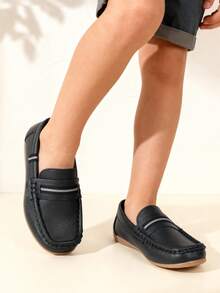 2025新款英伦风儿童休闲百搭软底一脚蹬乐福鞋，带编织带 - 黑色 - 查看 2