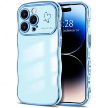 For IPhone 14 Pro Max Case Wave Wavy Phone Cases With Love Heart, Luxury Plating Edge Cute Curly Shape Cover For Women Girls, Thin Slim Soft TPU Rubber Shockproof Protective Cover, Light Blue{"Color_name":"LightBlue","Size_name":"ForiPhone14ProMax-6.7inch"} - 多色2 - 查看 1