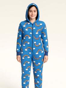 Mameluco Pijama de una pieza Estampado Arcoiris Felpa Suave para Adulto con Cierre Kigurumi para Mujer - Azul - Ver 1