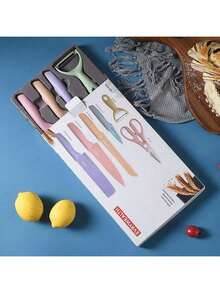 Juego de cuchillos profesionales de cocina, set de 6 piezas, colores multicolor, material de paja de trigo, cuchillos para cortar frutas, carne, alimentos, cocina moderna, ergonomía y precisión, fáciles de limpiar, accesorios culinarios versátiles - Multicolor - Ver 8