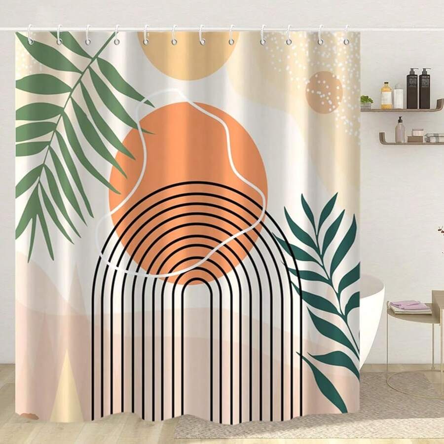 Boho Shower Curtain, Abstract Mid Century Modern Arch Sun Leaf Machine Washable Waterproof Fabric For Bathroom Bathtub Decor With Hooks 72x72{"Color_name":"Orange","Size_name":"72\"Wx72\"L(Packof1)"} - 多色25 - 查看 1