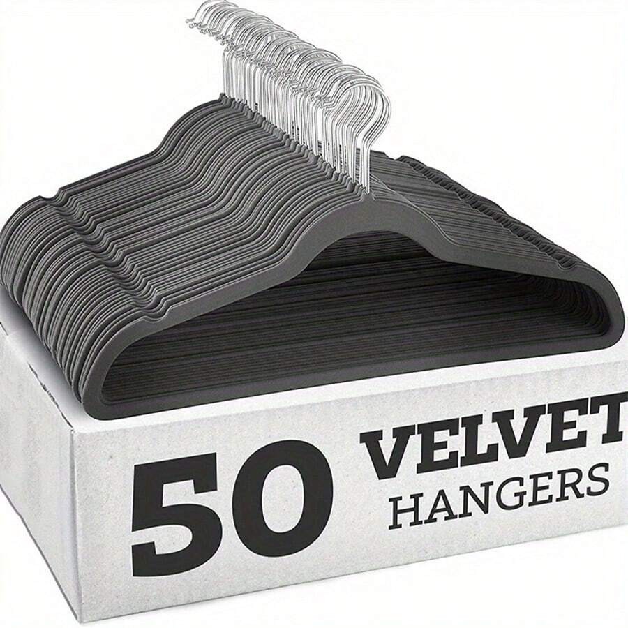50-Pack Velvet Hangers With Shoulder Slots And A Slim, Space-Saving Design. Standard Hangers For Shirts, Pants, Dresses, Skirts, Suits, And Jackets. Durable Design. - 灰色 - 查看 1