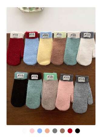 3-delade varma pekskärmshandskar med färgblock för kvinnor, söta tecknade stickade texthandskar, termiskt fodrade utomhuscykling vindtäta helfingerhandskar för par