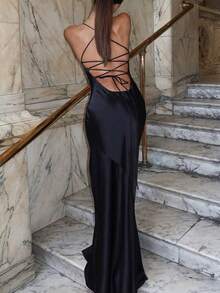 Women Summer Solid Backless Lace Up Satin Long Dress, Sexy Slim Elegant Party Dress, Prom Evening Dress, Wedding Guest Dress, For Cocktail