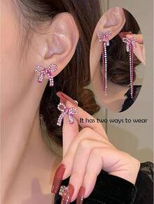 Bow Earrings For Women  Sparkly Rhinestone Chain Tassel Earrings Cute Ribbon Stud Earring Daily Party Jewerly Gifts Christmas Stocking Stuffers - B3:紅色蝴蝶結耳環 - 查看 2