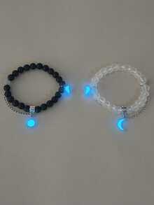 ATLVXJL 2 Stücke/Set Leuchtendes Herz & Sonne Mond Dekorationskette mit transparenten Perlen Paar Armbänder, geeignet für den täglichen Gebrauch und als Valentinstags-Geschenk