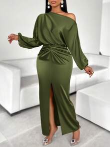 AIJ Amarilo 女士优雅纯色单肩扭结前系带高开衩修身连衣裙，适合派对穿着 - 軍綠色 - 查看 3