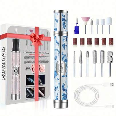 12件套电动指甲打磨器套装，多功能指甲钻，USB充电 - 适用于厚指甲的指甲打磨器，专业四速电动指甲锉，指甲抛光护理塑形工具，专业美甲打磨工具，女士佳礼，高品质且价格实惠