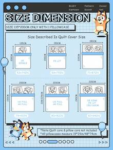 Bluey 2/3件套 Brui 床上用品套装，Brui 床上用品，舒适透气，亲肤，卡通风格被套套装，柔软抗起球，精美家纺，冷色调被套和枕套，不含被芯，适用于单人床、双人床、大号床、特大号床，四季皆宜 - 藍色 - 查看 3