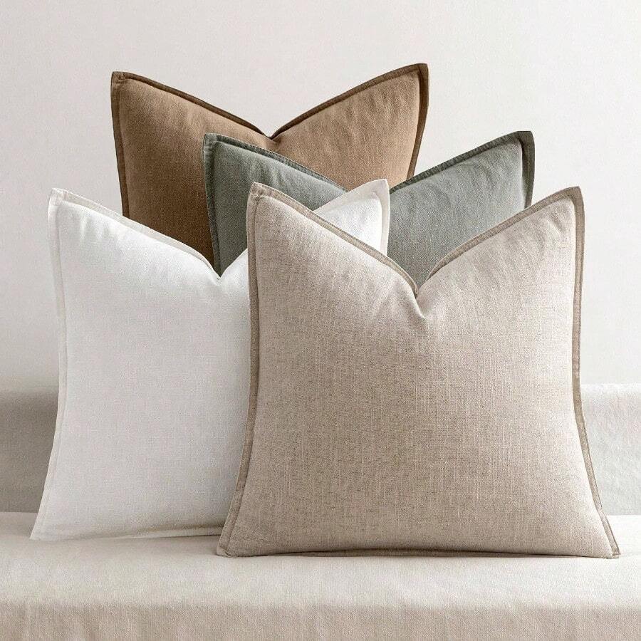 Neutral Linen Pillow Covers Pack Of 4 Decorative Natural Solid Throw Pillow Covers Soft Accent Boho Farmhouse Couch Pillowcases Modern Home Decors Living Room Bed Sofa 18x18 Inch - 16 英吋 x 16 英吋(4 件裝)+ 中性色 - 查看 1