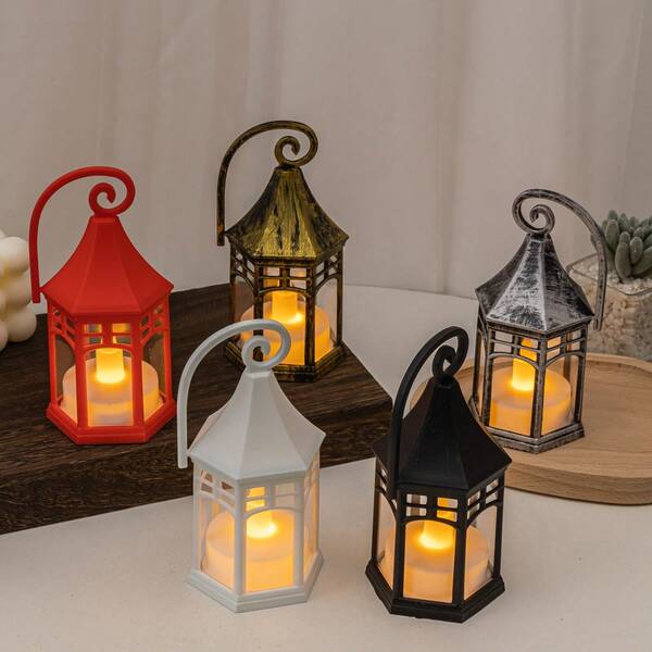 1 lanterna de Natal estilo vintage, combinação multicolorida de preto, vermelho, branco e dourado retrô, design com alça espiral, padrão vazado com detalhes realistas de velas eletrônicas, iluminação aconchegante para decoração de Natal, adequada para decoração de Natal, peça central de mesa de jantar de Natal, festa familiar de Natal