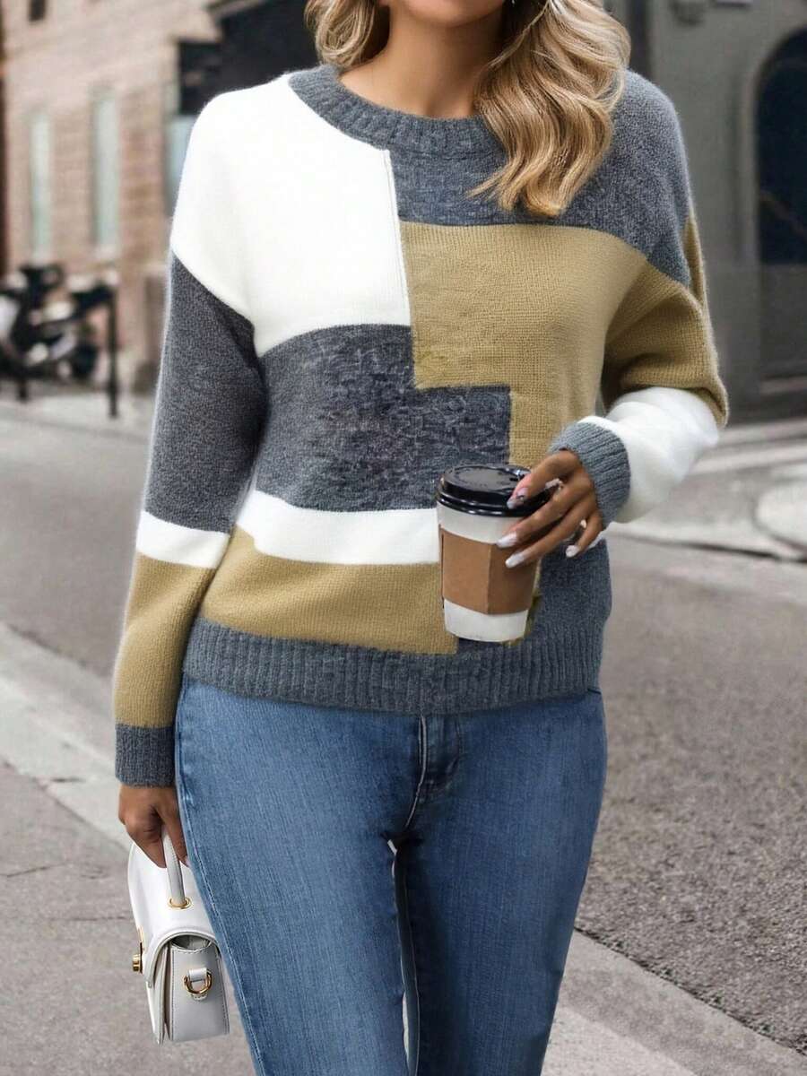 Women's Casual Round Neck Plaid Color Block Knit Pullover Sweater - Grey - View 1