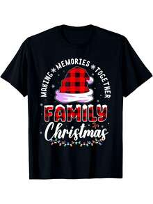 [Ajuste Cómodo] Camiseta Familiar de Navidad a Juego - Cuello Redondo Casual, 100% Algodón, Estampado Festivo de Gorro de Santa y Luces Coloridas, Perfecta para Actividades Familiares en las Vacaciones - Negro - Ver 1