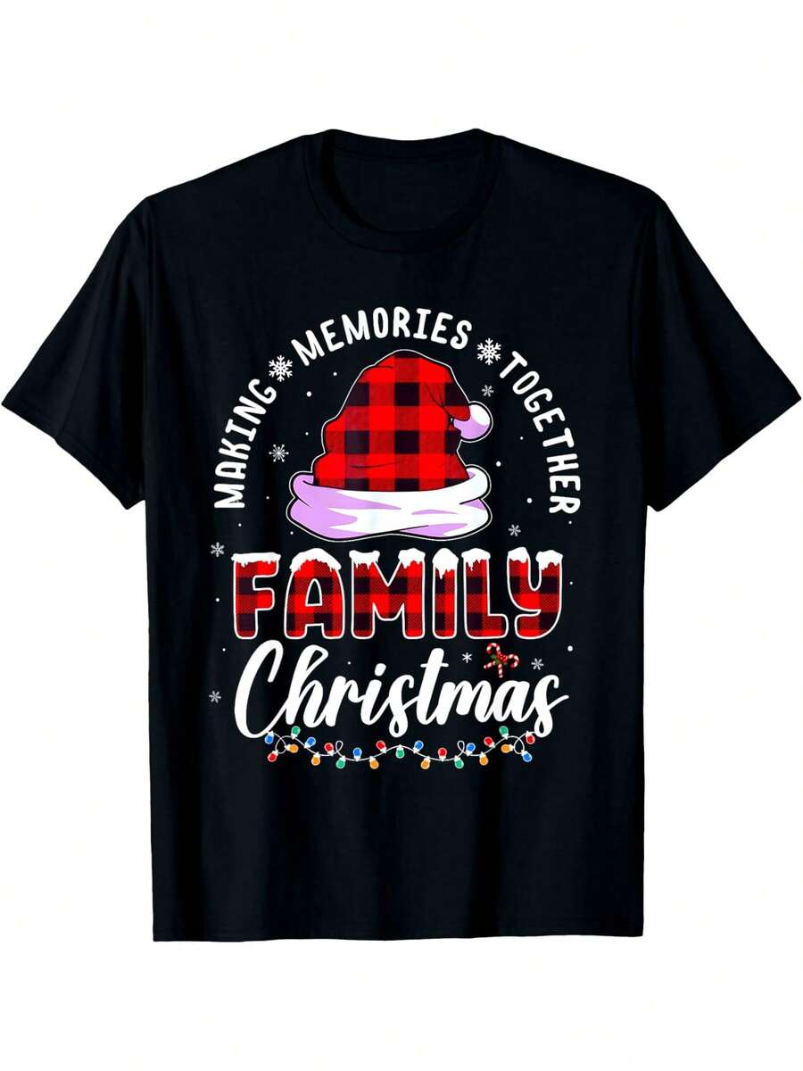 [Ajuste Cómodo] Camiseta Familiar de Navidad a Juego - Cuello Redondo Casual, 100% Algodón, Estampado Festivo de Gorro de Santa y Luces Coloridas, Perfecta para Actividades Familiares en las Vacaciones - Negro - Ver 1