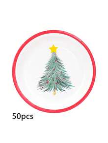 10pcs/20pcs/50pcs Christmas Tree Print Red Rim Disposable Paper Plates - Multicolor - View 11