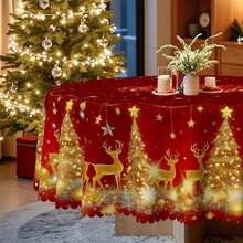 1 pezzo Tovaglia rettangolare/rotonda natalizia rossa e dorata, con motivi di renne dorate, fiocchi di neve, campane e alberi di Natale, tovaglia festiva rossa, decorazione natalizia, adatta per uso interno ed esterno - tovaglia da pranzo natalizia facile da pulire, disponibile in varie misure - Multicolore - Visualizzare 7