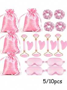 Smooth Texture Gift Set, Includes Satin Sleep Eye Mask, Women's Facial Massager, Hair Scrunchies, Satin Gift Bag, Suitable For Women's Birthday Party, Pajama Party And Other Occasions, Made Of Polyester, Pink Non-Electric Cleansing Tool, And Storage Bag, Applicable For Singles Party, Pajama Party, Women's Party, Wedding Favors, Holiday Gifts, Anniversary, Birthday Gifts, Back To School Season And Other Occasions. - 粉色 - 查看 1