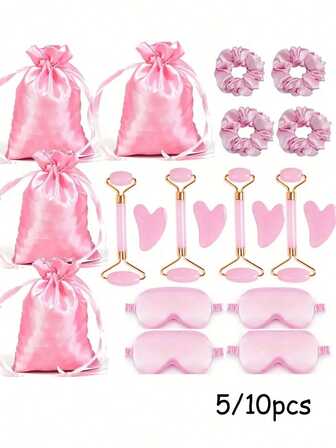Juego de regalo de seda, máscara de dormir de seda, masajeador facial femenino, coletero, bolsa de regalo de seda, paquete de artículos esenciales para fiestas de pijamas - Suministros para fiesta de spa de poliéster - Herramientas de limpieza facial sin electricidad rosa y bolsa de almacenamiento para despedida de soltero, pijamada, adecuado para fiestas de mujeres, regalos de boda, vacaciones, aniversario, cumpleaños, regreso a clases