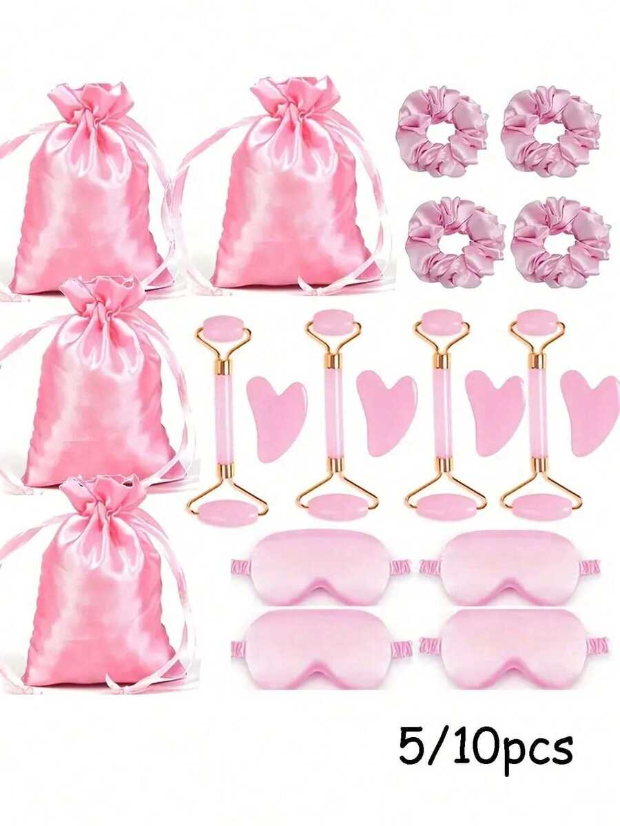 Smooth Texture Gift Set, Includes Satin Sleep Eye Mask, Women's Facial Massager, Hair Scrunchies, Satin Gift Bag, Suitable For Women's Birthday Party, Pajama Party And Other Occasions, Made Of Polyester, Pink Non-Electric Cleansing Tool, And Storage Bag, Applicable For Singles Party, Pajama Party, Women's Party, Wedding Favors, Holiday Gifts, Anniversary, Birthday Gifts, Back To School Season And Other Occasions. - 粉色 - 查看 1