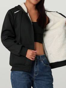 Women's Solid Color Zip-Up Fleece Hoodie, Casual Style For Autumn/Winter, Women's Sportswear Suitable For Gym And Outdoor Hiking, Essential For Back To School Season