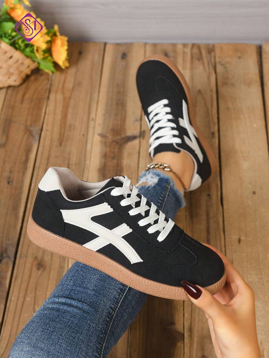 Women's Casual Versatile White Striped Accent Sneakers, Fashion Attractive Comfortable Durable Rubber Soft Sole Athletic Shoes, Breathable Lightweight Patchwork Sports Shoes For Women - 黑色 - 查看 1