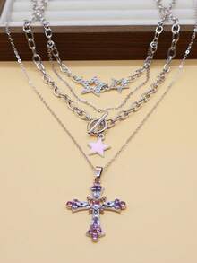 Set de 3 collares con colgantes de corazón, estrella y cruz con strass en color rosa, estilo dulce y elegante gótico con adornos de strass, adecuado para uso diario, fiestas, reuniones y regalos para amigos