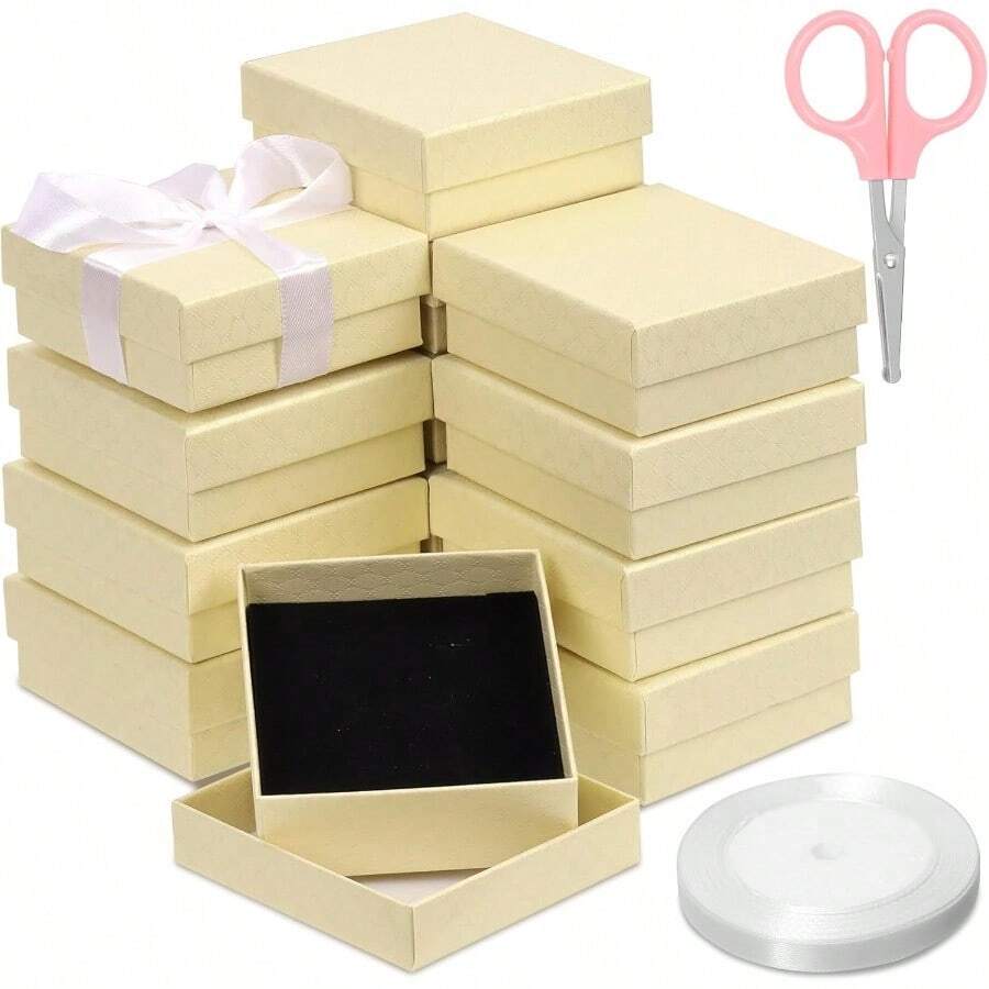 Glarks 17-teiliges Schmuck-Geschenkboxen Set | Rote Fächer-Form | Für Ringe & Ohrringe | Mit Band & Schere