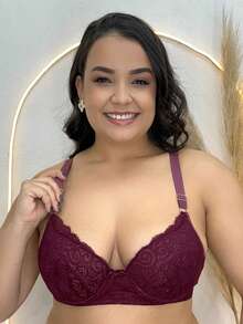 Plus Size Bra With Reinforced Microfiber Lace - Burgundy - View 3