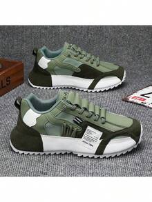 1双男士休闲运动鞋，系带字母图案PU低帮户外多功能滑板鞋，透气徒步鞋 - 綠色 - 查看 3