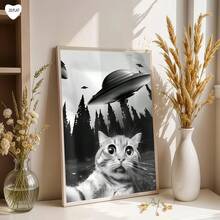 1pc Whimsical Cat And UFO Canvas Art Printed Posters, Modern WAall Arts Decorative Paintings, Retro-Style Animal Poster, Aesthetic Decor Art Modern Style Poster It Is Suitable For Bedroom Wall Decor, Living Room Wall Decor, Corridor Decor, Home Office Decor, Bathroom Decor, Kitchen Decor, Dormitory Decor, Apartment Decor, Wall Decor, Room Decor And Art Home Decor. It Is A Perfect Gift For Art Decor Enthusiasts And Home Decor Enthusiasts