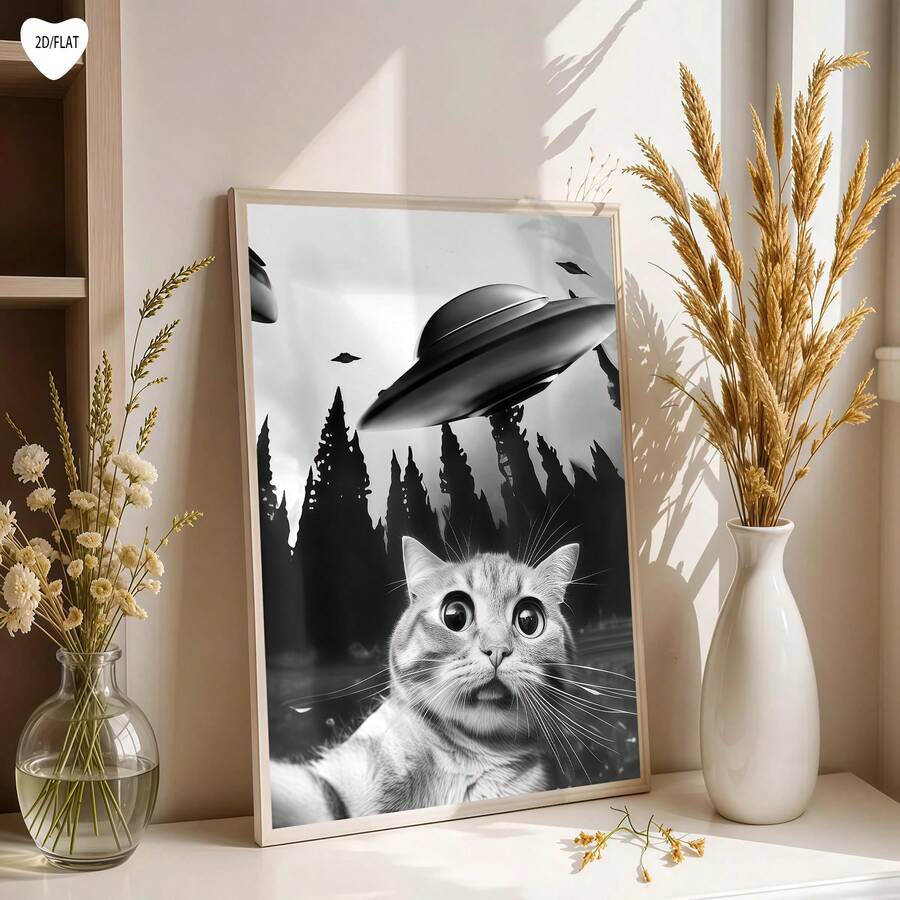 1pc Whimsical Cat And UFO Canvas Art Printed Posters, Modern WAall Arts Decorative Paintings, Retro-Style Animal Poster, Aesthetic Decor Art Modern Style Poster It Is Suitable For Bedroom Wall Decor, Living Room Wall Decor, Corridor Decor, Home Office Decor, Bathroom Decor, Kitchen Decor, Dormitory Decor, Apartment Decor, Wall Decor, Room Decor And Art Home Decor. It Is A Perfect Gift For Art Decor Enthusiasts And Home Decor Enthusiasts