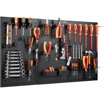 Pegboard - 44pc - Shed And Garage Wall Storage Board - Secure Organiser Wall Mounted Hand Hammer, Screwdrivers, Wrenches, Spanners, Bits - Board