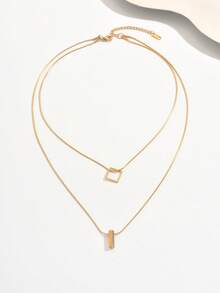 1pc Double Layer Pendant Necklace With Square And Cylindrical Pendants, Simple Design Exudes Elegance And Sophistication, Adds Graceful Lines To The Neck - Double-layer Pendant - View 3