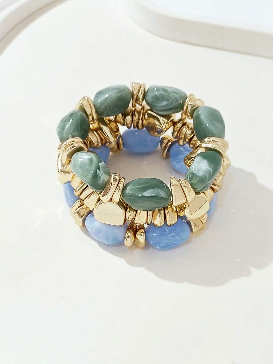 3pcs Vintage Thick Multi-Layer Multi-Color Acrylic Beaded Bracelet, Transformable Gold Chip Bracelet, For Women, Couples, Party, Daily Wear - Multicolor 6 - View 1