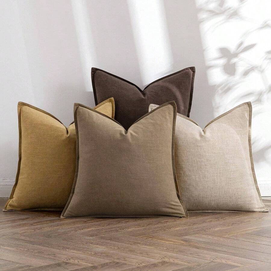 Neutral Linen Pillow Covers Pack Of 4 Decorative Natural Solid Throw Pillow Covers Soft Accent Boho Farmhouse Couch Pillowcases Modern Home Decors Living Room Bed Sofa 18x18 Inch - 24 英吋 x 24 英吋(4 件裝)+ 中性金色/棕色 - 查看 1