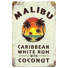 1 Malibu Caribbean White Rum And Coconut Tree Antique Metal Sign - Tropical Beach Sunset Mural, Suitable For Home Bar, Cafe, Garage, Kitchen, Club, Outdoor Decoration - Durable Metal Poster - 8 inch * 12 inch / 20 cm * 30 cm - Xem 3