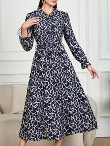 Spring Women's Floral Allover Print Boho Long Sleeve Maxi Dress 2025 New Year Fashionable Loose Fall Dresses Belted Vacation Casual Long Dresses Elegant Party Beach Graduation Chic Evening Dress - Blue - View 2