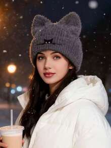 1 gorro de tricô feminino para o inverno, com design moderno de orelhas de urso fofinhas, forro térmico grosso e quente, ideal para uso diário, viagens, esqui e compras.