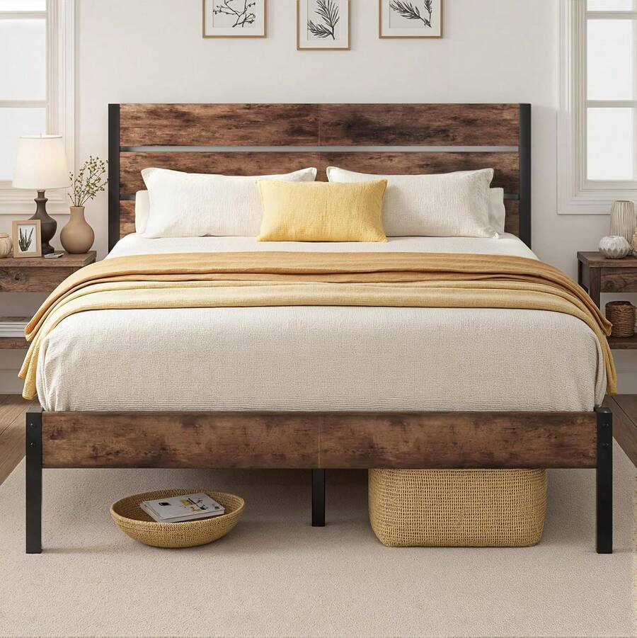Queen Bed Frame With Headboard And Footboard, Metal Queen Bed Frame With Under-Bed Storage, All-Metal Support System, No Box Spring Needed, Easily Assemble, Rustic Brown,23062403 - 棕色 - 查看 1