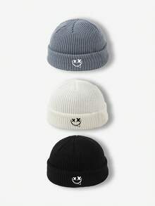 1 pieza Gorro de punto de unicolor con bordado de cara de fantasma versátil, adecuado para mantener el calor en otoño/invierno y uso diario de ropa de invierno para hombres - cara sonriente divertida - Ver 32