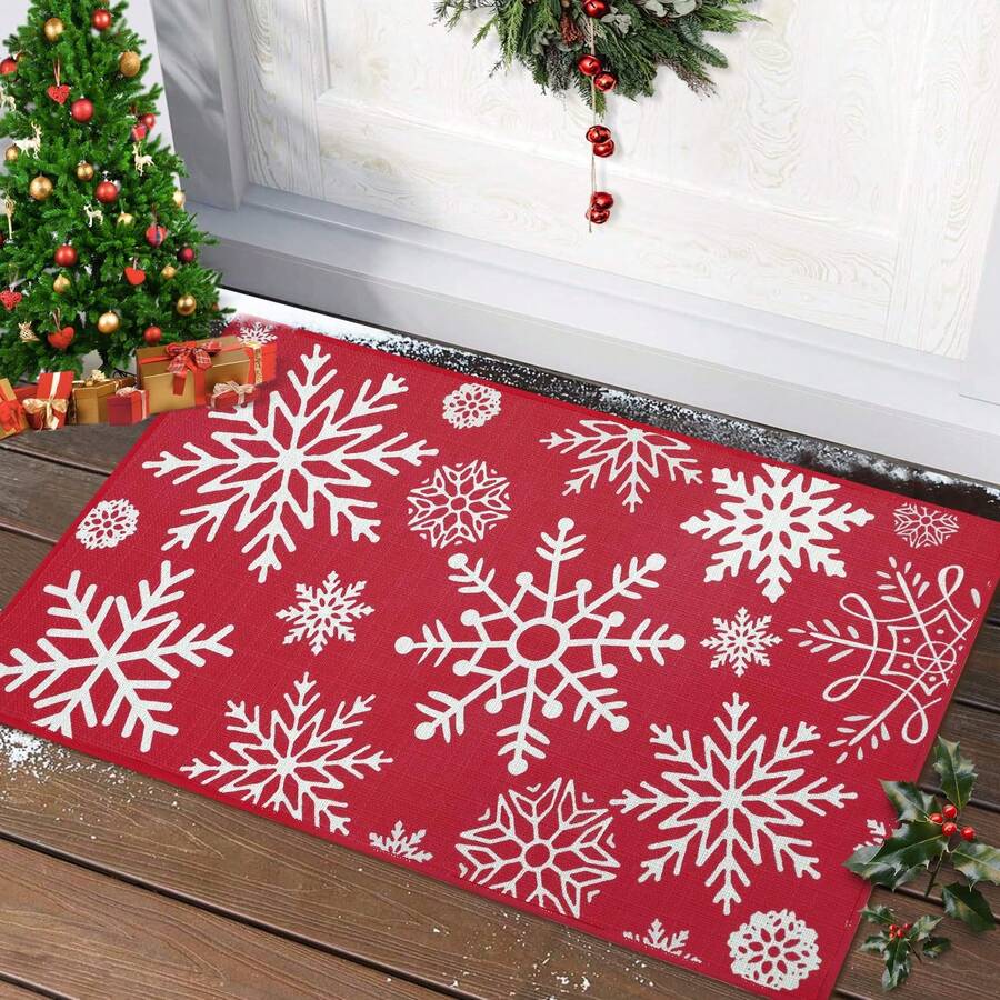 Hodeffior Paillasson de Noël rouge, paillasson d'intérieur lavable pour entrée, cuisine, chambre à coucher, paillasson décoratif de Noël bleu antidérapant, imprimé flocons de neige, 40 x 60 cm/50 x 80 cm - Rouge - Voir 1
