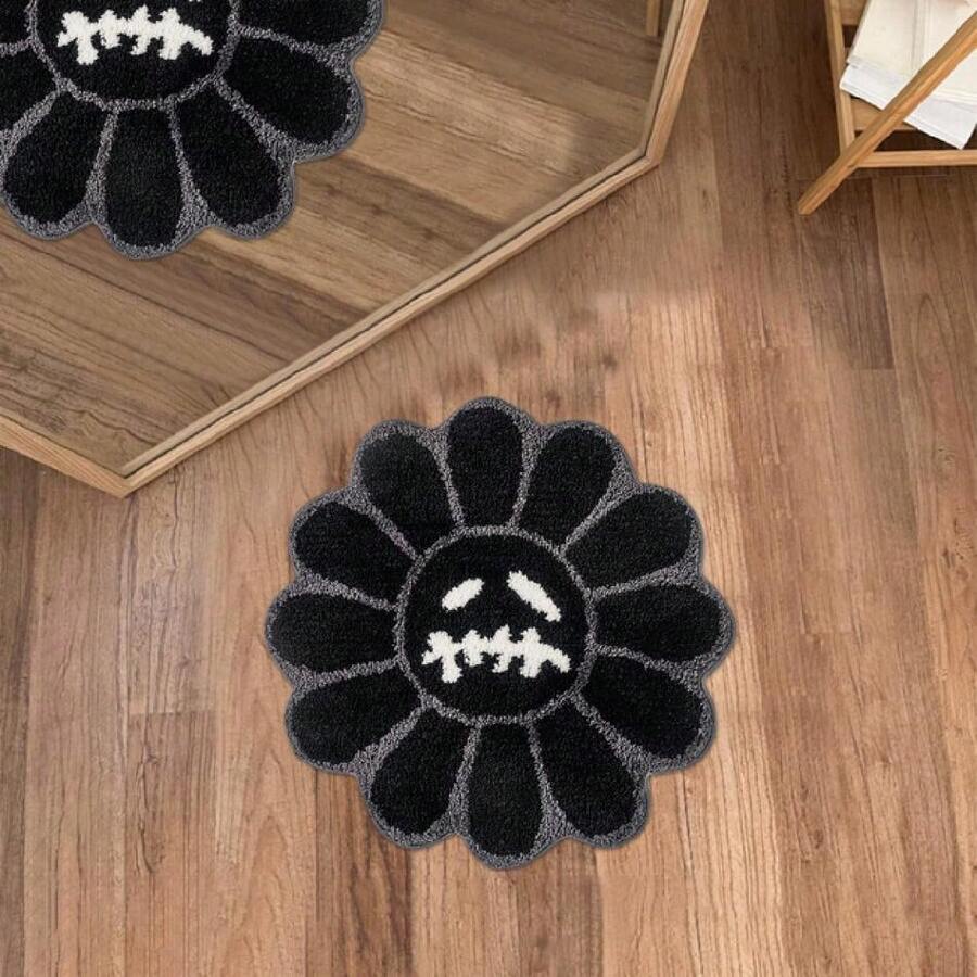 Smile Face Rug Cool Bathroom Rugs Fun Skull Bath Mat 2FT Extra Soft Microfiber Absorbent Bathrooat Halloween Gothic Flower Rug Non Slip Bath Mats For Bathroom Bathtub,23026325 - 黑與白 - 查看 1