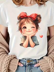 Camiseta Casual de Manga Corta para Mujeres con Gráfico de Doble Cola Juguetón - Poliéster Suave y Elástico, Lavable a Máquina, Comodidad para Todas las Estaciones, Estilo de Ropa de Calle de Cuello Redondo (Negro/Gris/Blanco), Camisetas Lindas, Ropa Cómoda, Ropa de Estilo Urbano, Tela de Textura Suave, Moda de Temporada, Ropa de , Ropa Duradera, Camiseta Estampada, Moda de Calle - Blanco - Ver 1