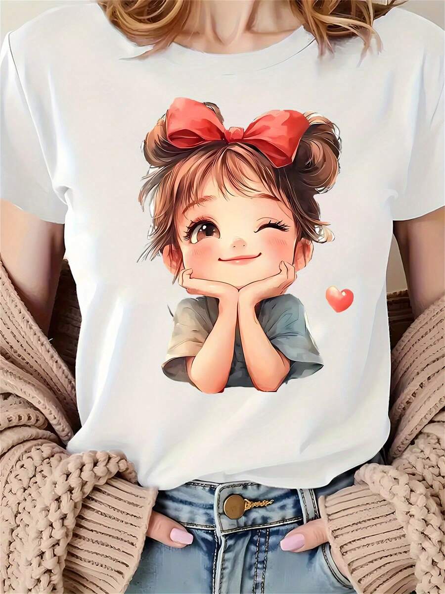 Camiseta Casual de Manga Corta para Mujeres con Gráfico de Doble Cola Juguetón - Poliéster Suave y Elástico, Lavable a Máquina, Comodidad para Todas las Estaciones, Estilo de Ropa de Calle de Cuello Redondo (Negro/Gris/Blanco), Camisetas Lindas, Ropa Cómoda, Ropa de Estilo Urbano, Tela de Textura Suave, Moda de Temporada, Ropa de , Ropa Duradera, Camiseta Estampada, Moda de Calle - Blanco - Ver 1