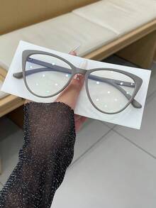 1 Pair Women's Khaki Cat Eye PC Frame Retro Solid Color Fashionable Casual Flat Glasses