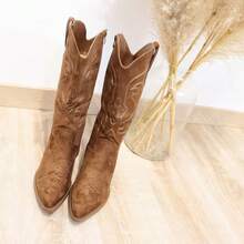Women's Tall, Mid-Calf Cowboy Boots In Black, Brown, And Beige With A Pointed Toe And Western Embroidery, Ideal For Festivals, Concerts, Casual Outings, Theme Parties, Trips, And Rural Getaways. - 棕色 - 查看 4