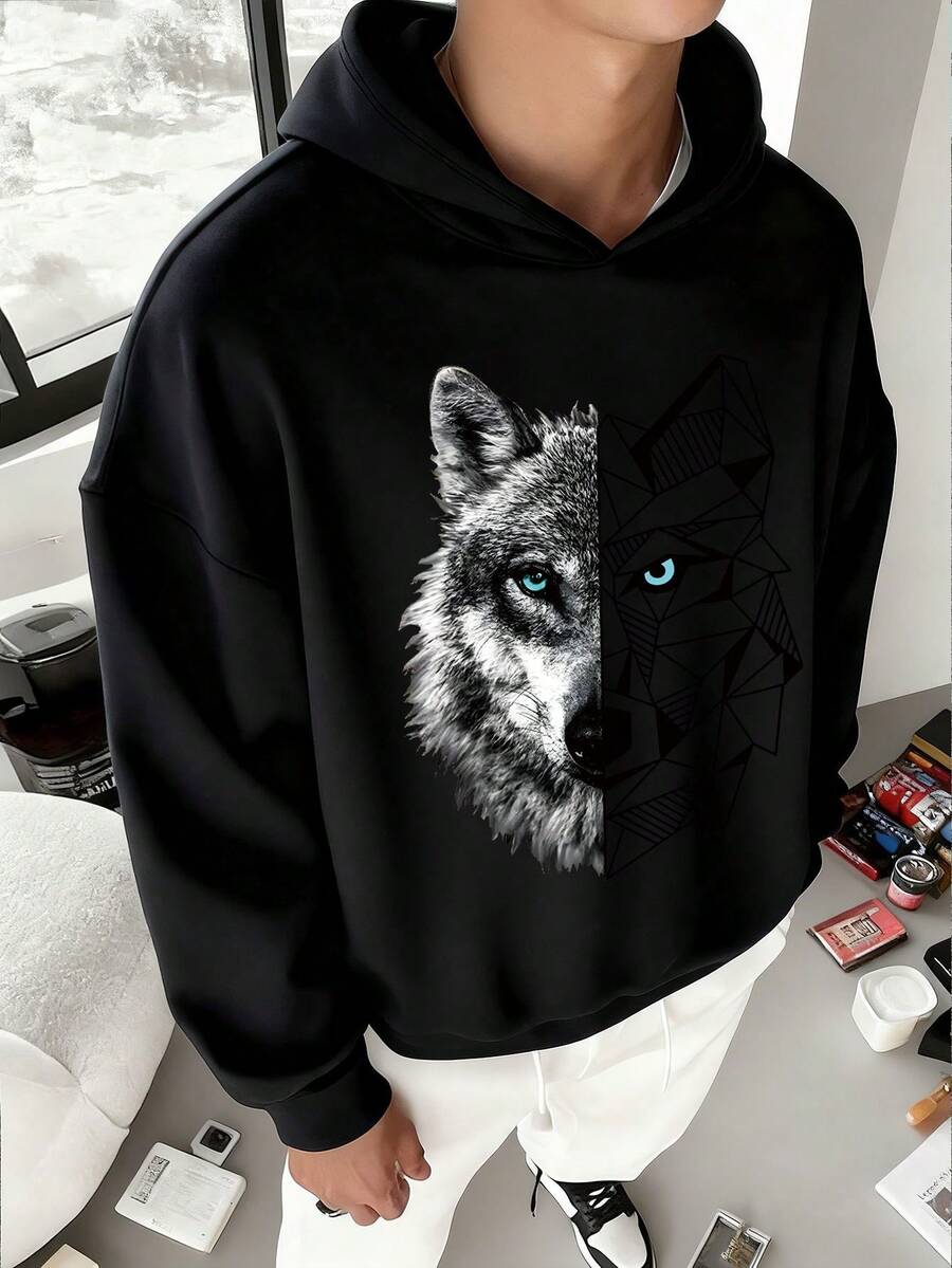 Teen Boy Casual Minimalist Wolf Head Printed Long Sleeve Conventional Thickness Hooded Loose Fit Sweatshirt, Suitable For Autumn/Winter, Hooded Sweatshirt, Suitable For Daily Wear, Party, School, Attending Music Festivals, Vacation, Commuting. Can Be Given As A Gift To Family, Boyfriend, Girlfriend, Friends, Girls Winter Clothes, Essentials Sweatshirt - Black - View 1